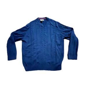 Saddlebred Sweater Mens XL Navy Ribbed Cable Knit Pullover Classic Fit Vneck EUC